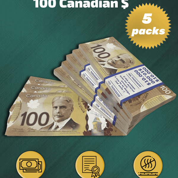 100 Canadian Dollars prop money stack two-sided five packs