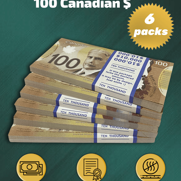 100 Canadian Dollars prop money stack two-sided six packs