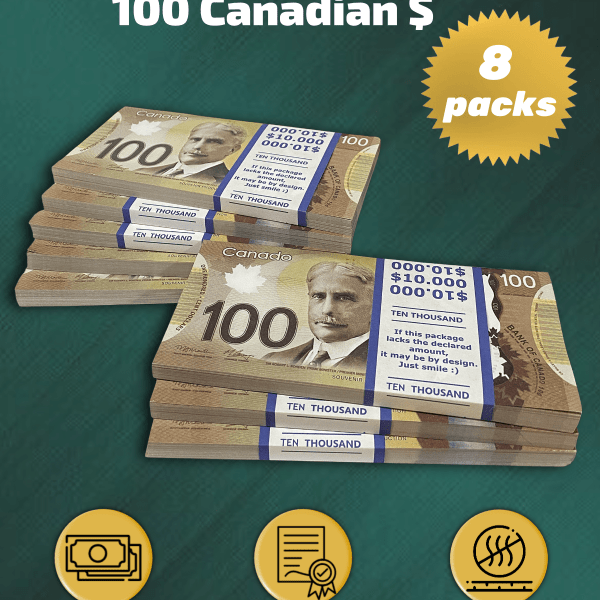 100 Canadian Dollars prop money stack two-sided eight packs