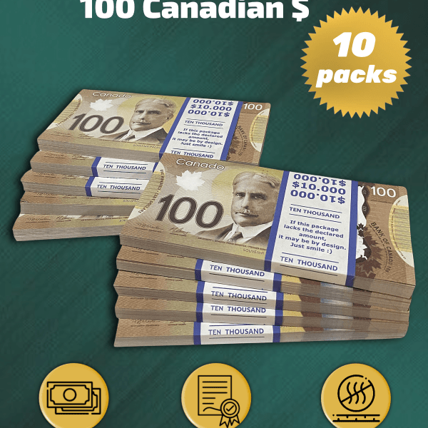 100 Canadian Dollars prop money stack two-sided ten packs