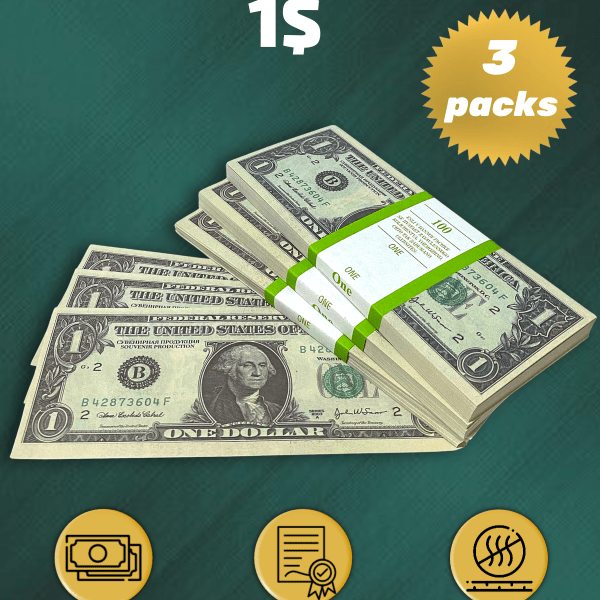 1 US Dollars prop money stack two-sided three packs