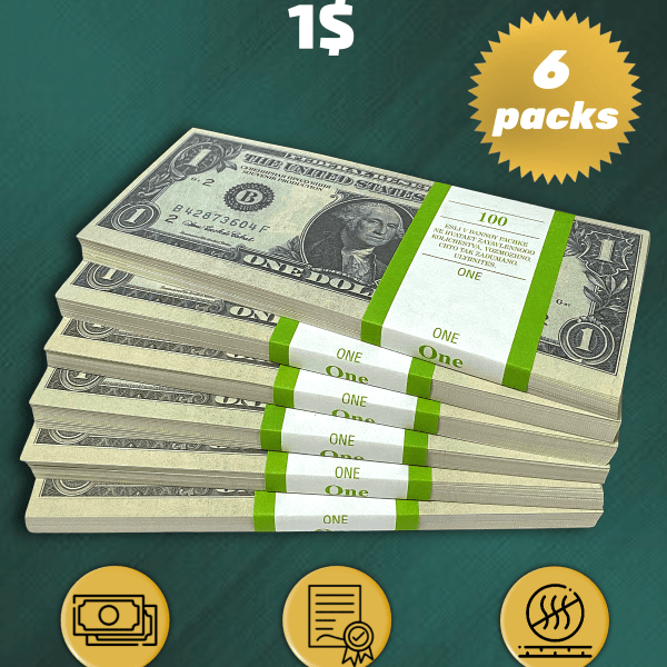 1 US Dollars prop money stack two-sided six packs