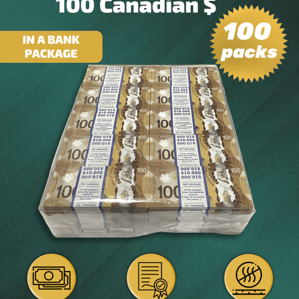 100 Canadian Dollars prop money stack two-sided one hundred packs