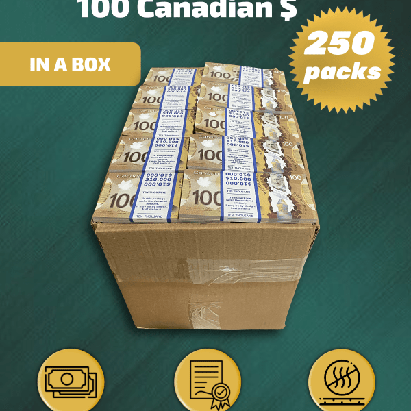100 Canadian Dollars prop money stack two-sided two hundred fifty packs