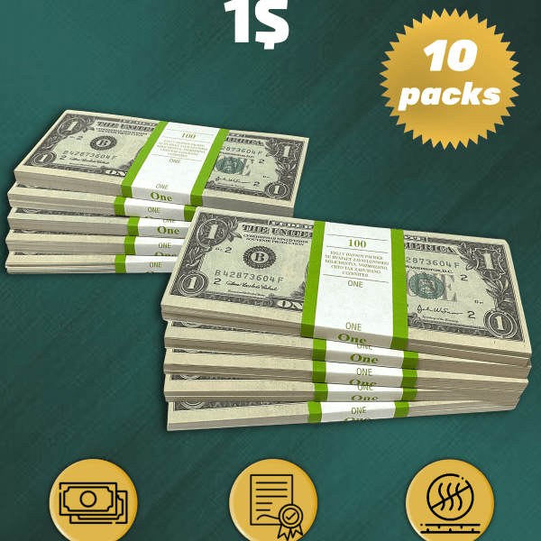 1 US Dollars prop money stack two-sided ten packs