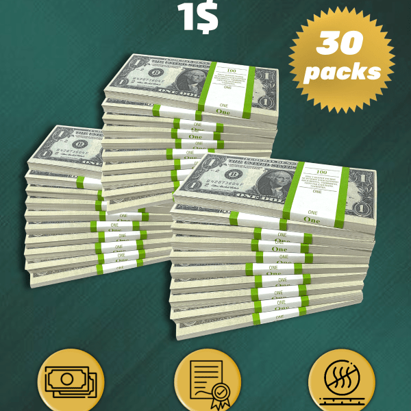 1 US Dollars prop money stack two-sided thrity pack