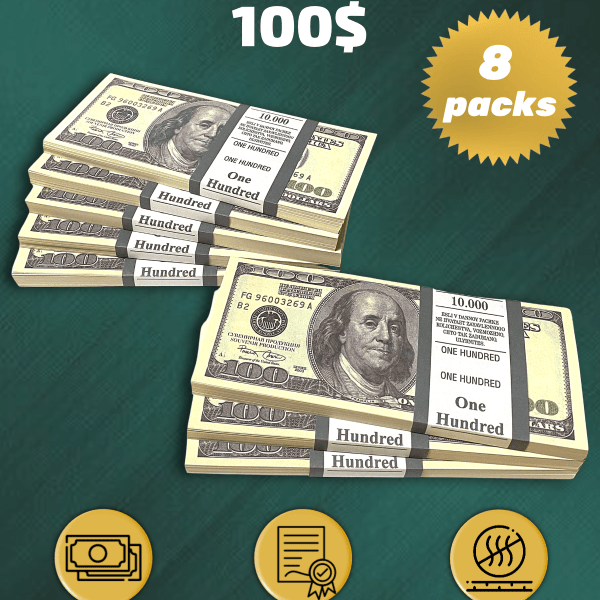 100 US Dollars prop money stack two-sided eight packs