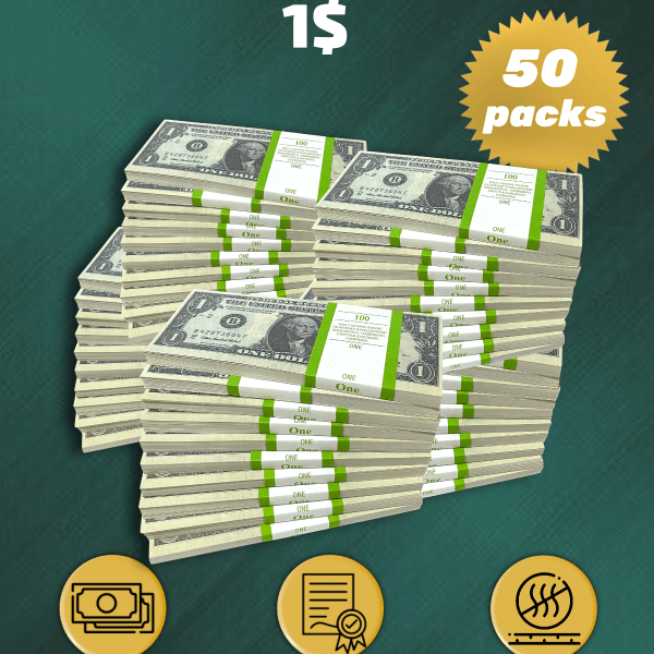 1 US Dollars prop money stack two-sided fifty packs