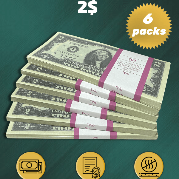 2 US Dollars prop money stack two-sided six packs
