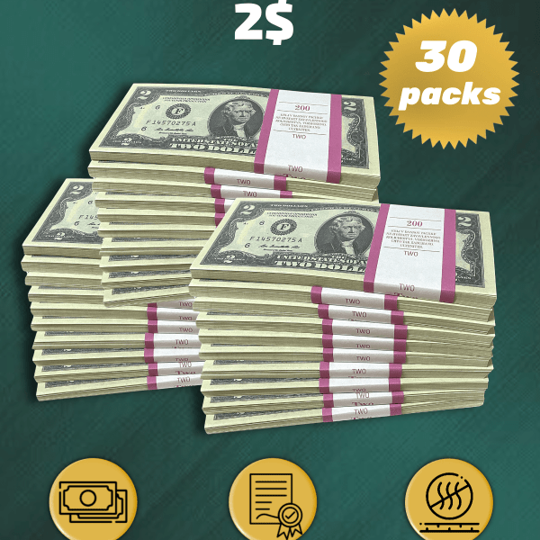 2 US Dollars prop money stack two-sided thirty packs