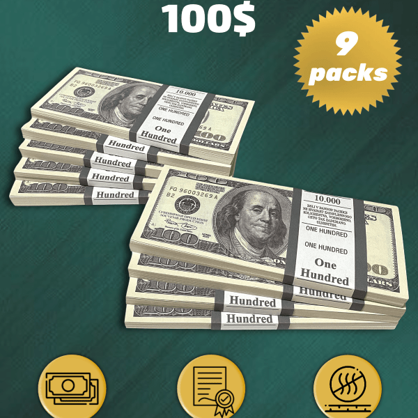 100 US Dollars prop money stack two-sided nine packs