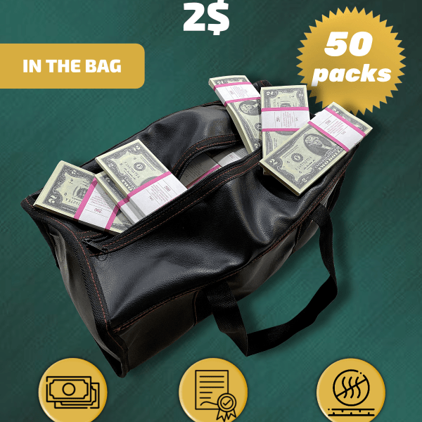 2 US Dollars prop money stack two-sided fifty packs & money bag