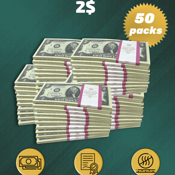 2 US Dollars prop money stack two-sided fifty packs