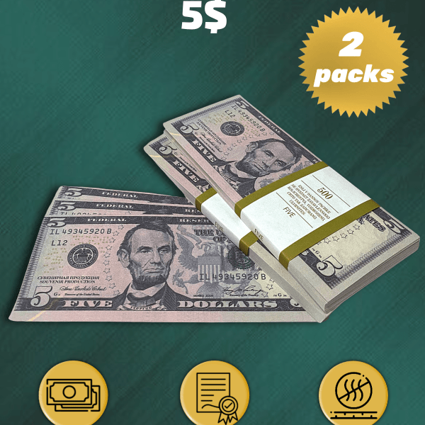 5 US Dollars prop money stack two-sided two packs
