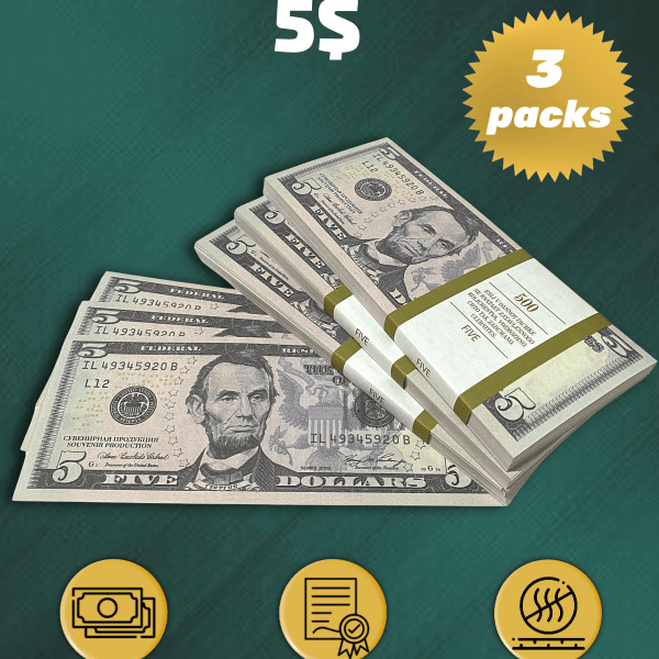 5 US Dollars prop money stack two-sided three packs
