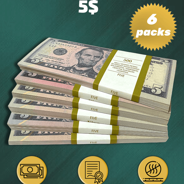 5 US Dollars prop money stack two-sided six packs