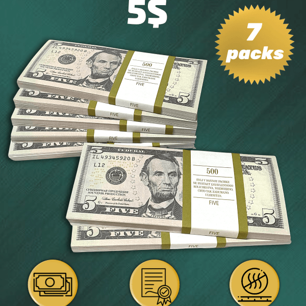 5 US Dollars prop money stack two-sided seven packs