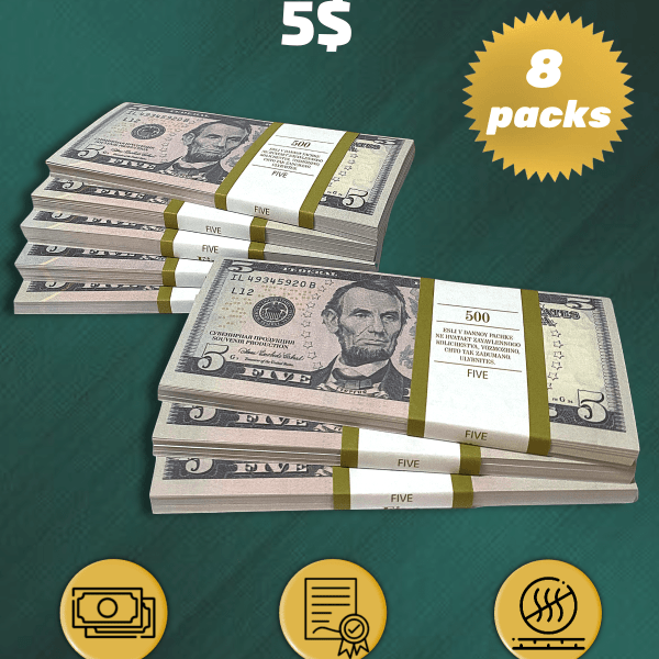 5 US Dollars prop money stack two-sided eight packs