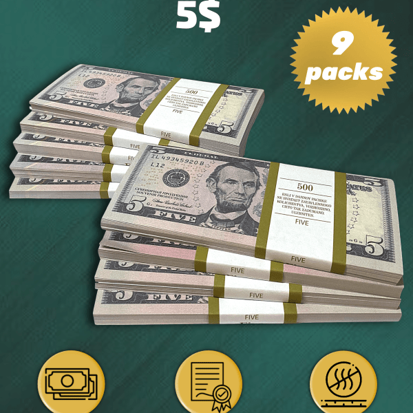 5 US Dollars prop money stack two-sided nine packs