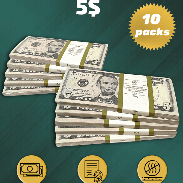 5 US Dollars prop money stack two-sided ten packs