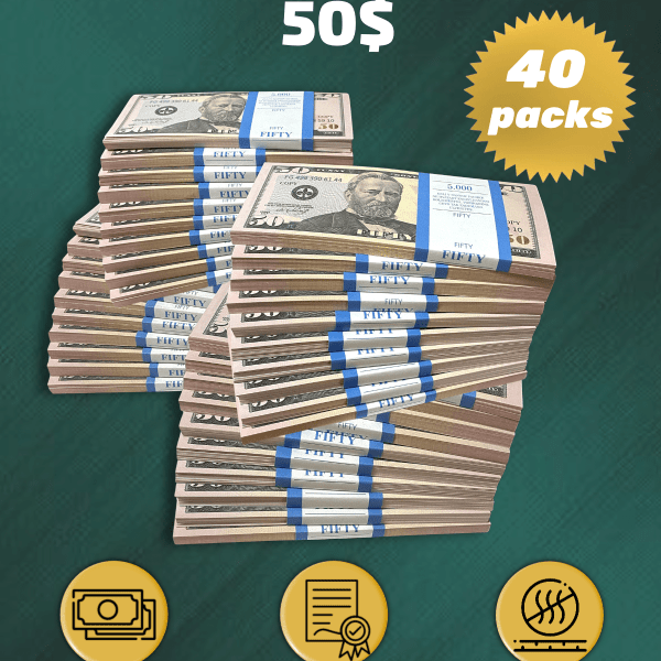 50 US Dollars prop money stack two-sided forty packs