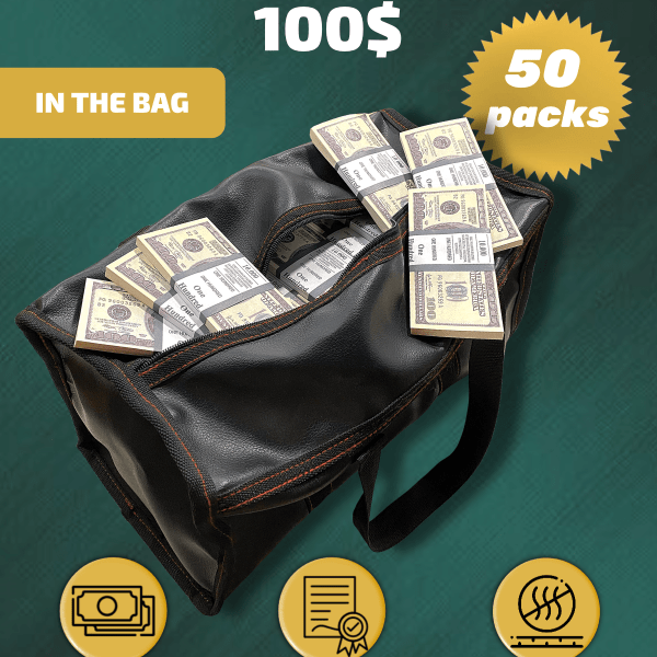100 US Dollars prop money stack two-sided fifty packs & money bag