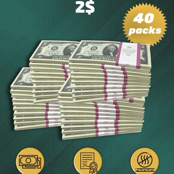 2 US Dollars prop money stack two-sided forty packs