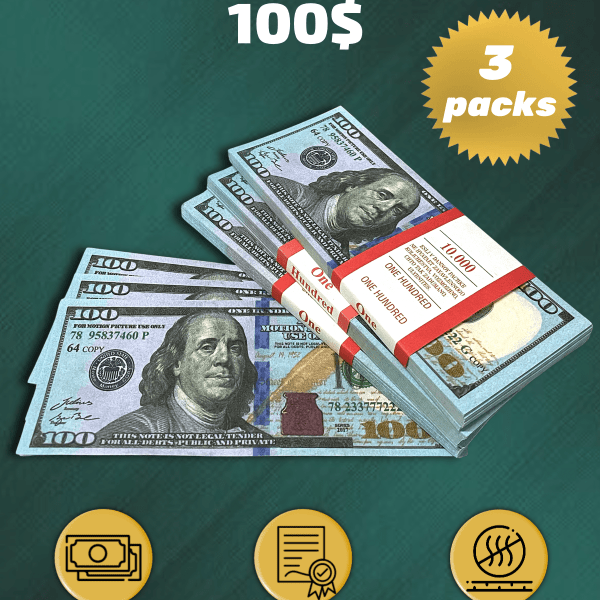 100 US Dollars prop money stack two-sided three packs
