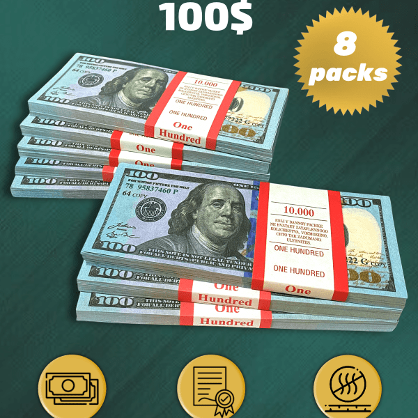 100 US Dollars prop money stack two-sided eight packs