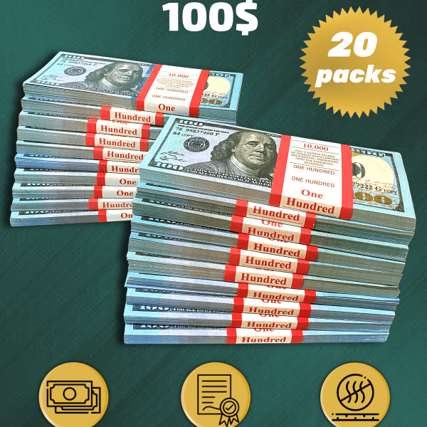 100 US Dollars prop money stack two-sided twenty packs