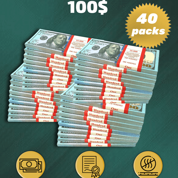 100 US Dollars prop money stack two-sided forty packs