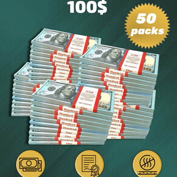 100 US Dollars prop money stack two-sided fifty packs