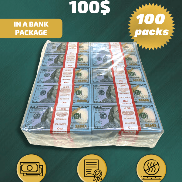 100 US Dollars prop money stack two-sided one hundred packs