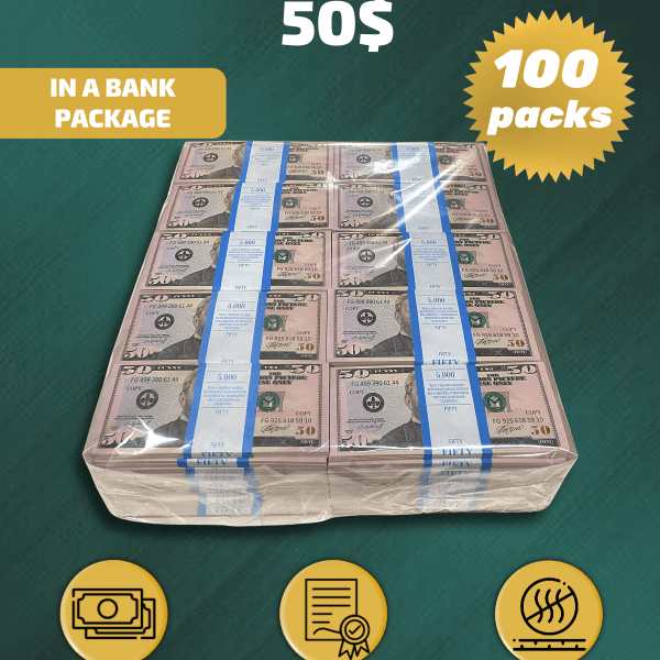 50 US Dollars prop money stack two-sided one hundred packs