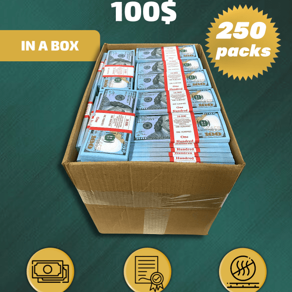 100 US Dollars prop money stack two-sided two hundred fifty packs