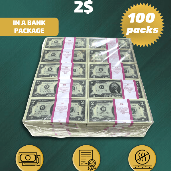 2 US Dollars prop money stack two-sided one hundred packs