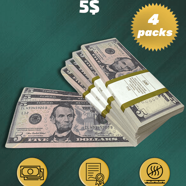 5 US Dollars prop money stack two-sided for packs