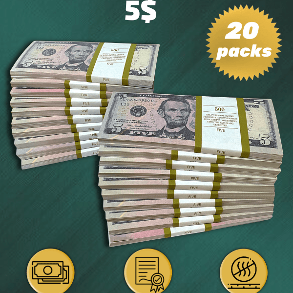5 US Dollars prop money stack two-sided twenty packs