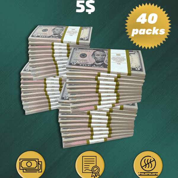 5 US Dollars prop money stack two-sided forty packs