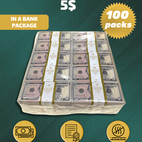5 US Dollars prop money stack two-sided one hundred packs
