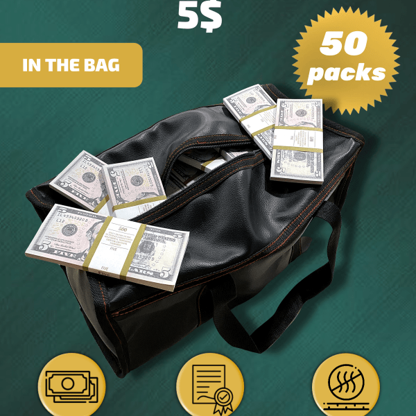 5 US Dollars prop money stack two-sided fifty packs & money bag