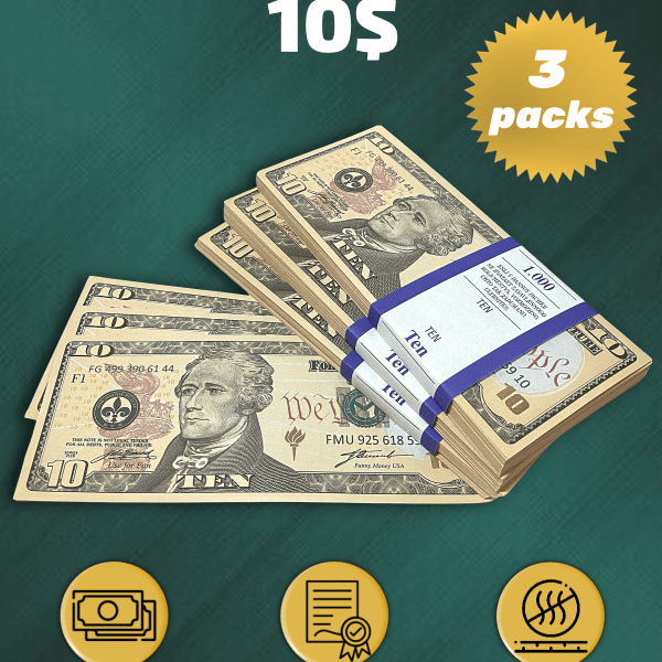 10 US Dollars prop money stack two-sided three packs