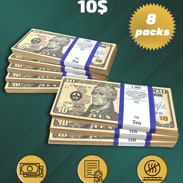10 US Dollars prop money stack two-sided eight packs