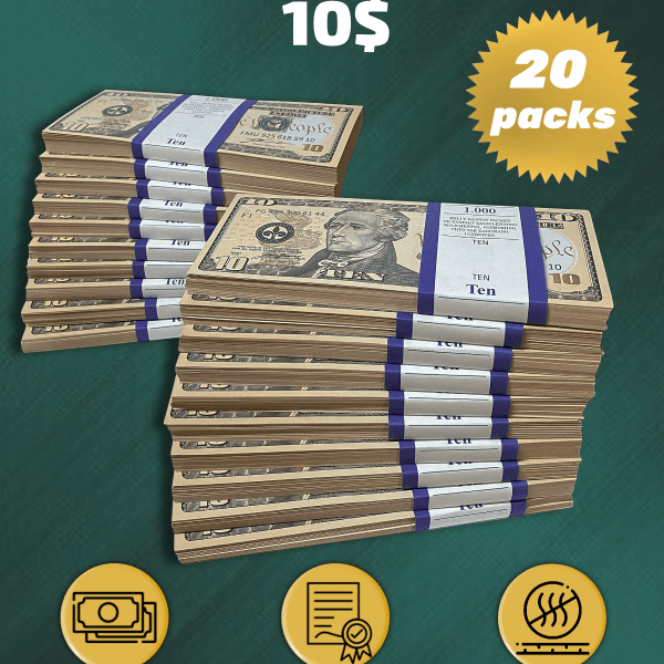 10 US Dollars prop money stack two-sided twenty packs