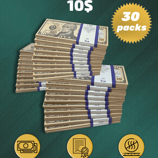 10 US Dollars prop money stack two-sided thirty packs
