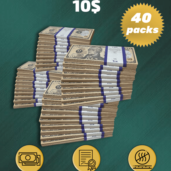 10 US Dollars prop money stack two-sided forty packs