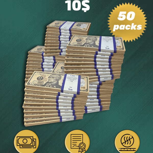 10 US Dollars prop money stack two-sided fifty packs