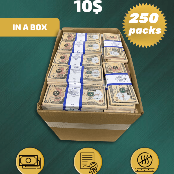10 US Dollars prop money stack two-sided two hundred fifty packs