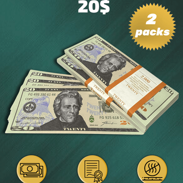 20 US Dollars prop money stack two-sided two packs
