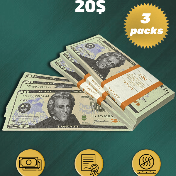 20 US Dollars prop money stack two-sided three packs